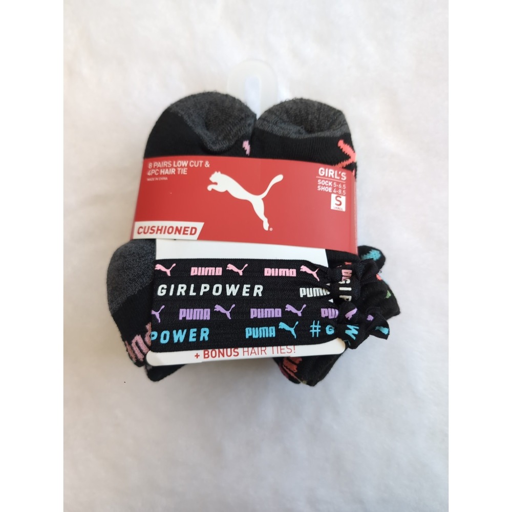 PUMA Girls 8 Pack Low Cut Heart Socks + 4  Hair Ties, 5-6.5, Black/Multi Small